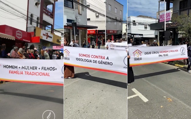Igreja causa polêmica em SC ao exibir cartazes contra casamento gay durante desfile de 7 de Setembro